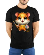 Hamster Artist Tee Cute Painter T-shirt - model with hands behind back, wearing Black T-shirt and blue jeans