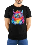 Rainbow Monster Graphic Tee Cute Colorful Creature - model with hands behind back, wearing Black T-shirt and blue jeans