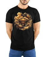 Golden Armored Crab Graphic Tee - model with hands behind back, wearing Black T-shirt and blue jeans