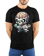 Mad Scientist Skull Graphic Tee - model with hands behind back, wearing Black T-shirt and blue jeans