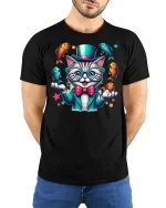 Funny Juggling Cat Tee - model with hands behind back, wearing Black T-shirt and blue jeans