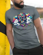 Psychedelic Skull Clouds Graphic Tee - model leaning on yellow-black pole, wearing Gray T-shirt, hand in pocket