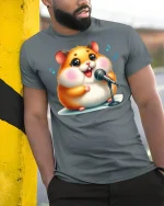 Singing Hamster Tee Cute Music Lover T-shirt - model leaning on yellow-black pole, wearing Gray T-shirt, hand in pocket