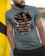 Never Touch My Bike Tee - model leaning on yellow-black pole, wearing Gray T-shirt, hand in pocket