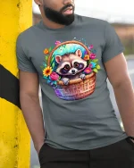 Cute Raccoon Basket Tee - model leaning on yellow-black pole, wearing Gray T-shirt, hand in pocket