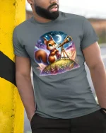 Stargazing Squirrel Tee Cute Night Sky T-shirt - model leaning on yellow-black pole, wearing Gray T-shirt, hand in pocket