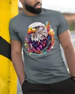 Majestic Eagle Graphic Tee - model leaning on yellow-black pole, wearing Gray T-shirt, hand in pocket
