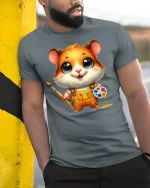 Hamster Artist Tee Cute Painter T-shirt - model leaning on yellow-black pole, wearing Gray T-shirt, hand in pocket