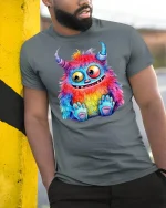 Rainbow Monster Graphic Tee Cute Colorful Creature - model leaning on yellow-black pole, wearing Gray T-shirt, hand in pocket
