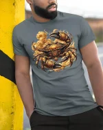 Golden Armored Crab Graphic Tee - model leaning on yellow-black pole, wearing Gray T-shirt, hand in pocket