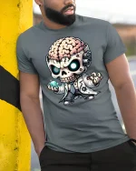 Mad Scientist Skull Graphic Tee - model leaning on yellow-black pole, wearing Gray T-shirt, hand in pocket