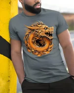 Fierce Dragon Graphic Tee Mythical Beast - model leaning on yellow-black pole, wearing Gray T-shirt, hand in pocket