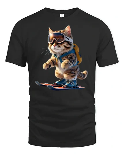Funny Skiing Cat Winter Sports Tee - black t-shirt on white background