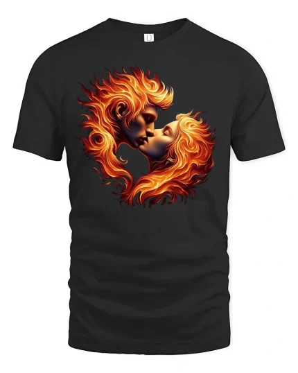Fiery Lovers Kiss Passion Flame T-Shirt - black t-shirt on white background