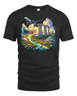 Singapore Skyline City Travel Airplane T-Shirt - black t-shirt on white background