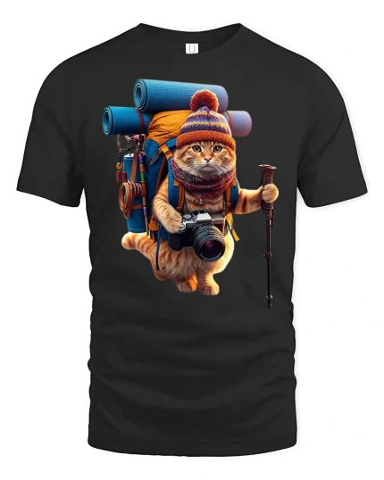 Hiking Adventure Cat Explorer Travel T-Shirt - black t-shirt on white background