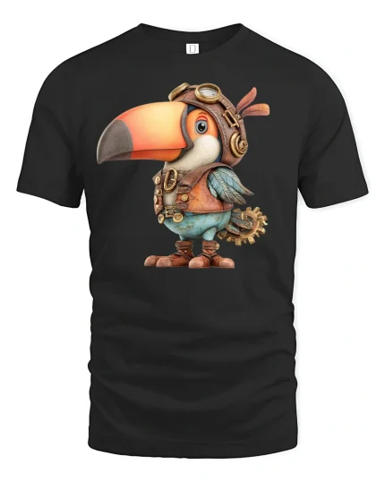 Steampunk Toucan Pilot Bird T-Shirt - black t-shirt on white background