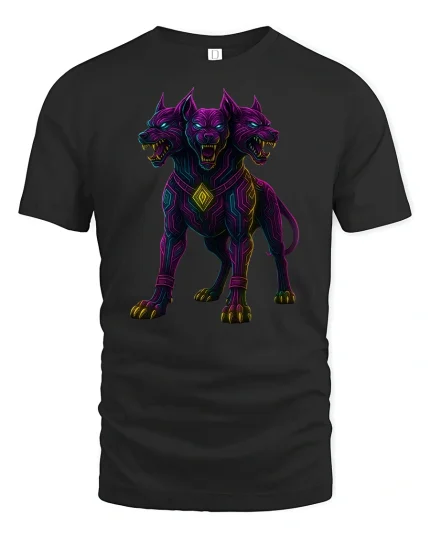 Neon Cerberus Three Headed Dog T-Shirt - black t-shirt on white background