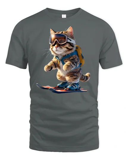 Funny Skiing Cat Winter Sports Tee - gray t-shirt on white background