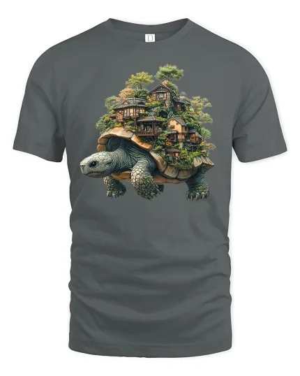 Turtle Village Fantasy World Nature T-Shirt - gray t-shirt on white background