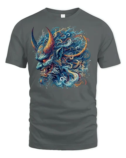 Oni Demon Fire Wave Japanese Art T-Shirt - gray t-shirt on white background