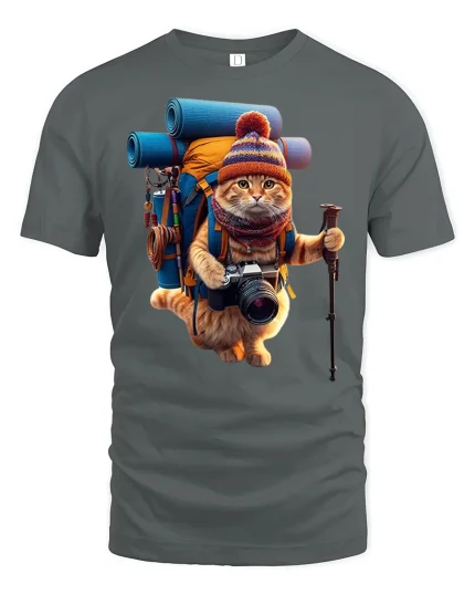 Hiking Adventure Cat Explorer Travel T-Shirt - gray t-shirt on white background