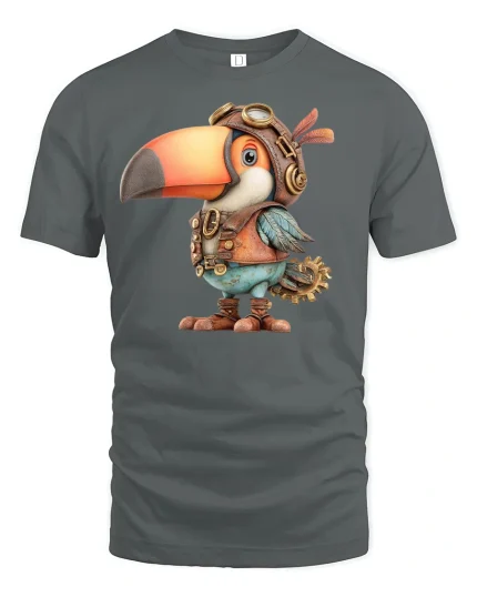 Steampunk Toucan Pilot Bird T-Shirt - gray t-shirt on white background