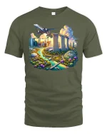 Singapore Skyline City Travel Airplane T-Shirt - military green t-shirt on white background