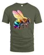 Rainbow Bee Colorful Wings T-Shirt - military green t-shirt on white background