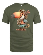 Steampunk Toucan Pilot Bird T-Shirt - military green t-shirt on white background