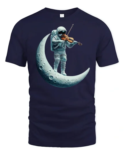 Astronaut Playing Violin on the Moon T-Shirt - navy t-shirt on white background