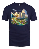 Singapore Skyline City Travel Airplane T-Shirt - navy t-shirt on white background