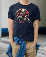Fierce Bulldog Football Player T-Shirt - model wearing Navy T-shirt, hands in pockets, denim shirt at waist