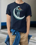 Astronaut Playing Violin on the Moon T-Shirt - model wearing Navy T-shirt, hands in pockets, denim shirt at waist