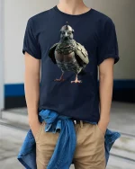 Tactical Pigeon Soldier Funny T-Shirt - model wearing Navy T-shirt, hands in pockets, denim shirt at waist