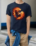 Fiery Lovers Kiss Passion Flame T-Shirt - model wearing Navy T-shirt, hands in pockets, denim shirt at waist