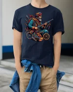 Warrior Fighter Vintage Rifle Hero Battle Tee - model wearing Navy T-shirt, hands in pockets, denim shirt at waist