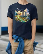 Singapore Skyline City Travel Airplane T-Shirt - model wearing Navy T-shirt, hands in pockets, denim shirt at waist