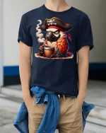 Pirate Parrot Coffee Mug T-Shirt - model wearing Navy T-shirt, hands in pockets, denim shirt at waist