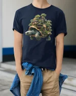 Turtle Village Fantasy World Nature T-Shirt - model wearing Navy T-shirt, hands in pockets, denim shirt at waist