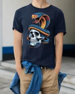 Venomous Snake Skull Dark Gothic T-Shirt - model wearing Navy T-shirt, hands in pockets, denim shirt at waist