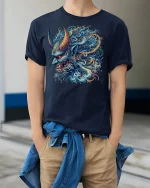Oni Demon Fire Wave Japanese Art T-Shirt - model wearing Navy T-shirt, hands in pockets, denim shirt at waist