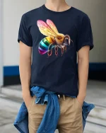 Rainbow Bee Colorful Wings T-Shirt - model wearing Navy T-shirt, hands in pockets, denim shirt at waist