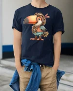 Steampunk Toucan Pilot Bird T-Shirt - model wearing Navy T-shirt, hands in pockets, denim shirt at waist