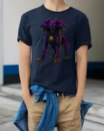Neon Cerberus Three Headed Dog T-Shirt - model wearing Navy T-shirt, hands in pockets, denim shirt at waist