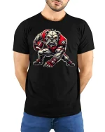 Fierce Bulldog Football Player T-Shirt - model with hands behind back, wearing Black T-shirt and blue jeans