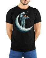 Astronaut Playing Violin on the Moon T-Shirt - model with hands behind back, wearing Black T-shirt and blue jeans