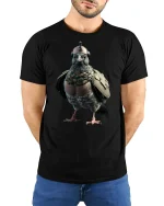 Tactical Pigeon Soldier Funny T-Shirt - model with hands behind back, wearing Black T-shirt and blue jeans