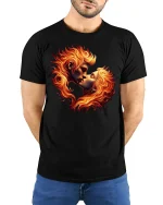 Fiery Lovers Kiss Passion Flame T-Shirt - model with hands behind back, wearing Black T-shirt and blue jeans