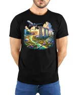 Singapore Skyline City Travel Airplane T-Shirt - model with hands behind back, wearing Black T-shirt and blue jeans